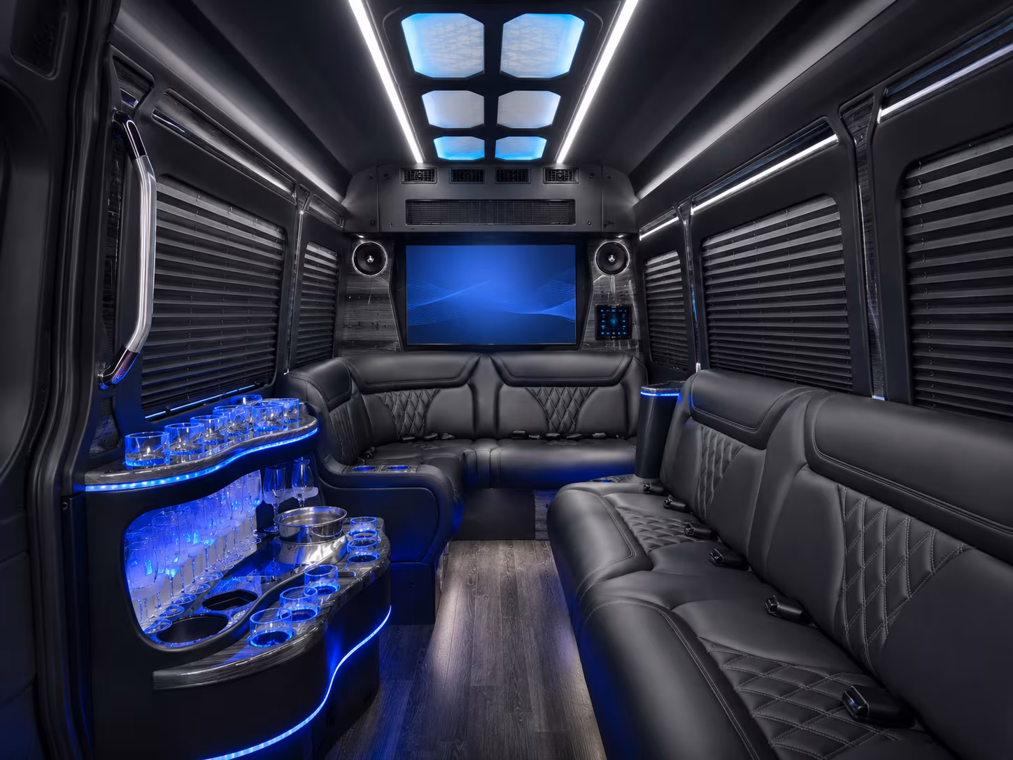 modesto 15 passenger party bus inside